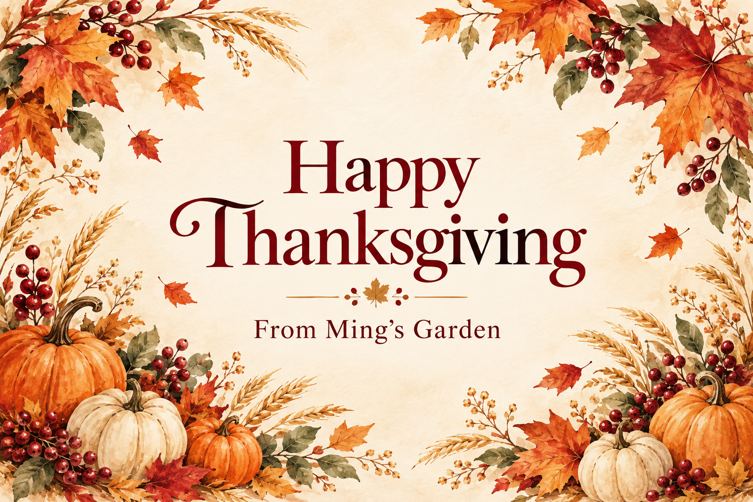 Happy Thanksgiving from Ming’s Garden, surrounded by autumn maple leaves and pumpkins